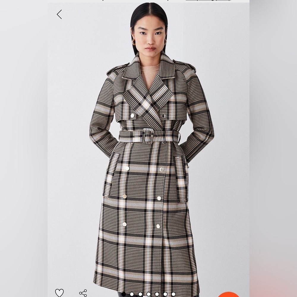 Karen Millen Italian Classic Check Tailored Wool Trench Coat